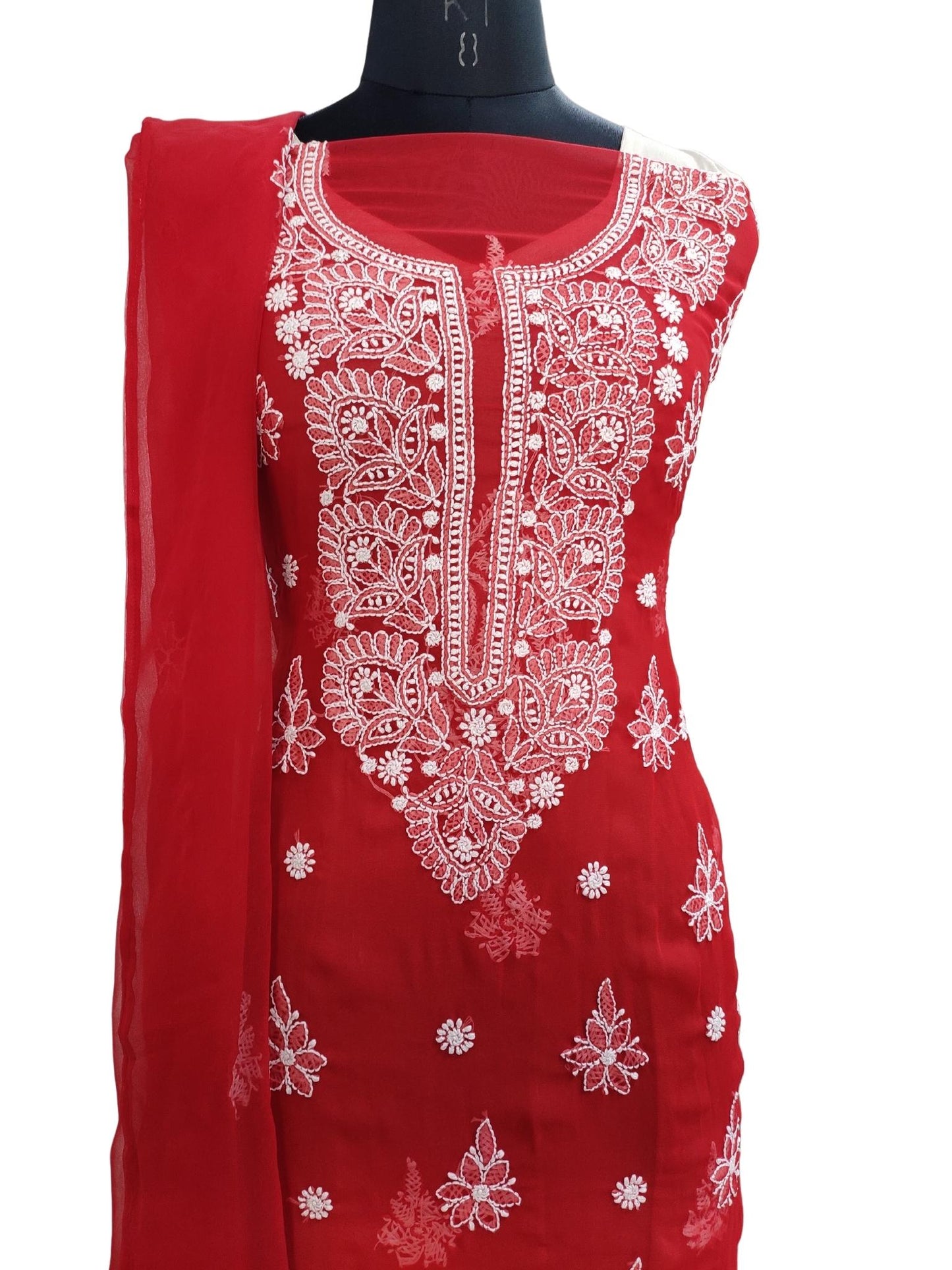 Shyamal Chikan Hand Embroidered Red Georgette Lucknowi Chikankari Unstitched Suit Piece - S19363