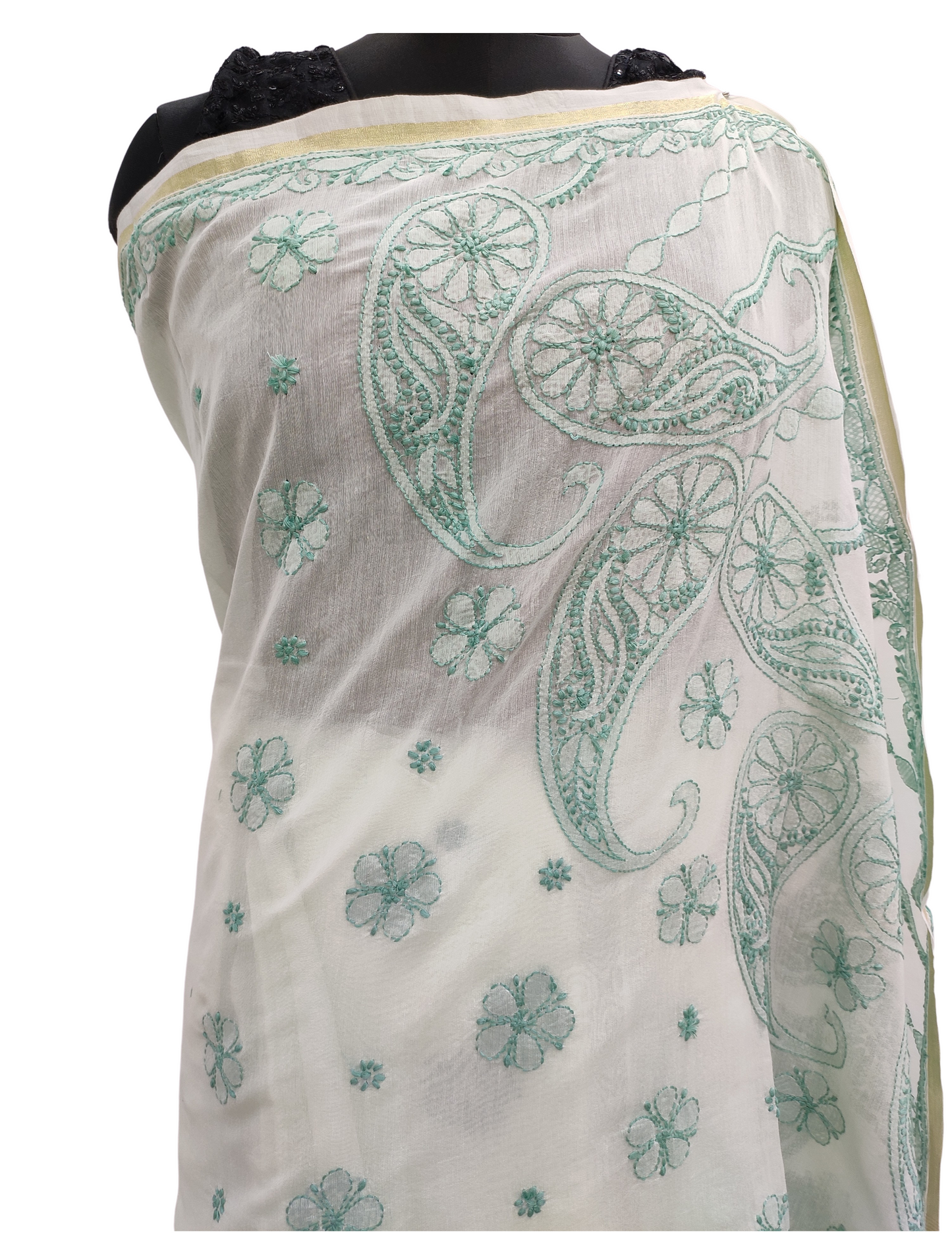 Shyamal Chikan Hand Embroidered Green Chanderi Lucknowi Chikankari Skirt Saree With Blouse Piece - S10856