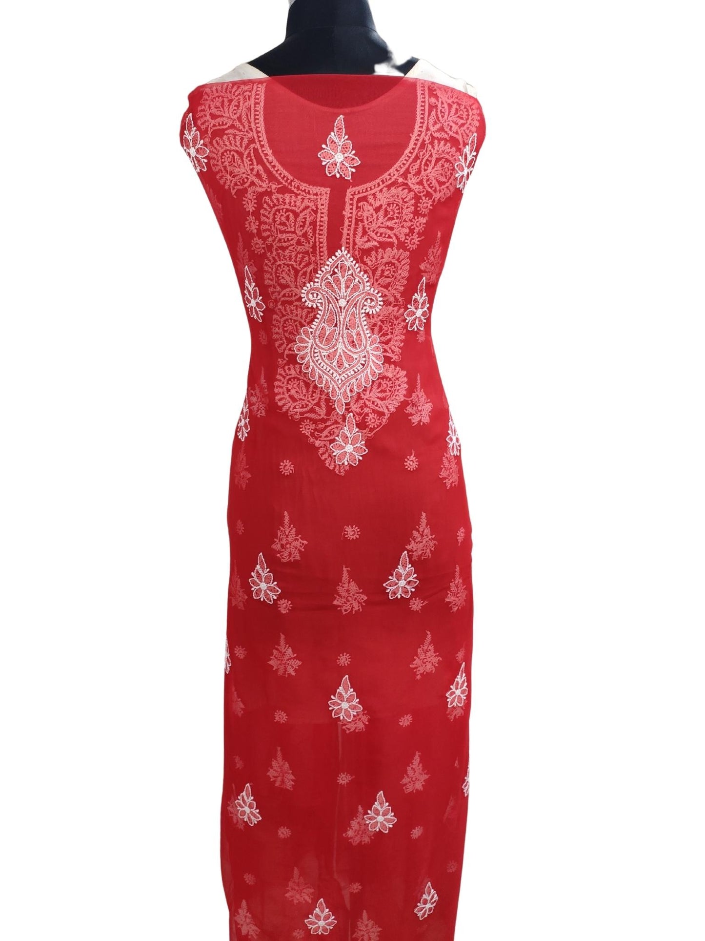 Shyamal Chikan Hand Embroidered Red Georgette Lucknowi Chikankari Unstitched Suit Piece - S19363