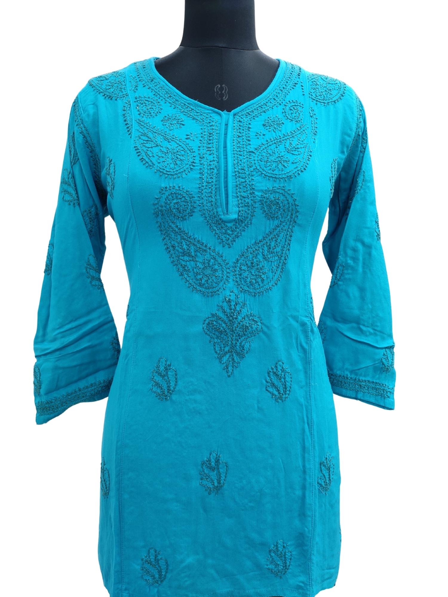 Shyamal Chikan Hand Embroidered Blue Rayon Cotton Lucknowi Chikankari Short Top- S13233