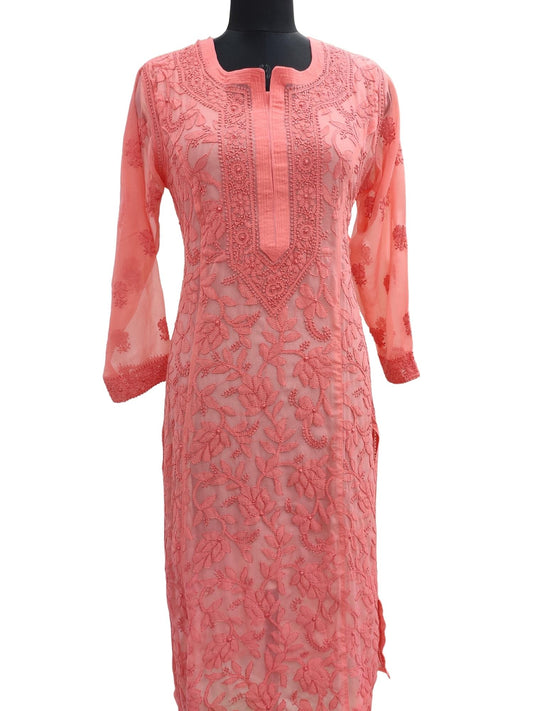 Shyamal Chikan Hand Embroidered Peach Georgette Lucknowi Chikankari Kurti - S13614