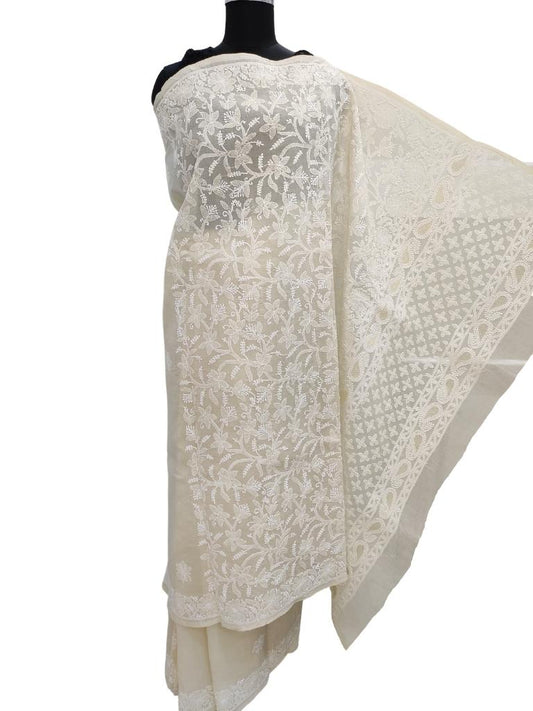 Shyamal Chikan Hand Embroidered Beige Cotton Lucknowi Chikankari Heavy Palla Saree With Blouse Piece- S14468