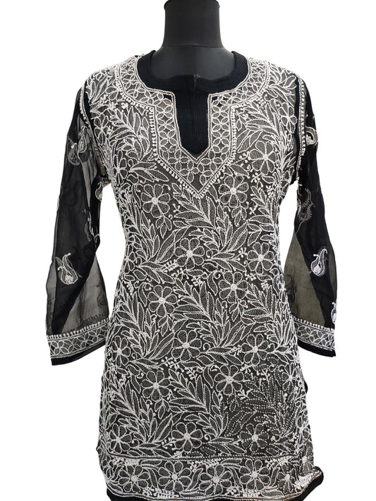 Shyamal Chikan Hand Embroidered Black Georgette Lucknowi Chikankari Short Top- S15580 