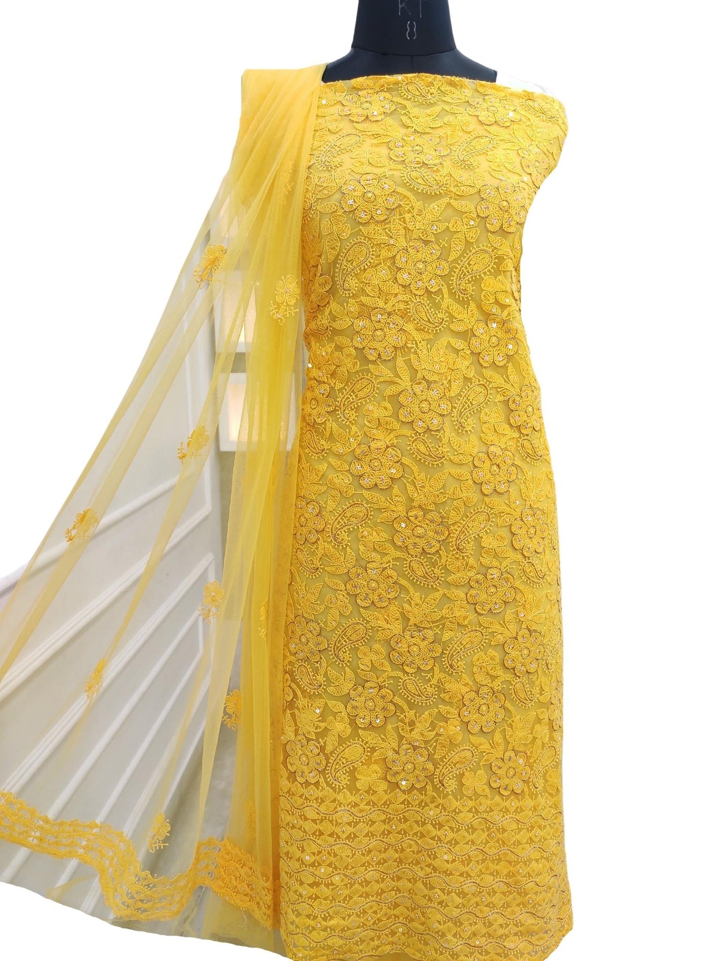 Shyamal Chikan Hand Embroidered Yellow Tissue Net Lucknowi Chikankari Unstitched Suit Piece ( Set of 2 ) With Cut Dana And Sequin Work - S16582