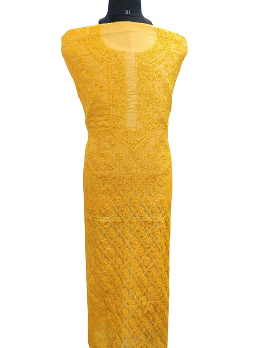 Shyamal Chikan Hand Embroidered Yellow Pure Tusser Silk Lucknowi Chikankari Unstitched Men's Kurta Piece – S17134