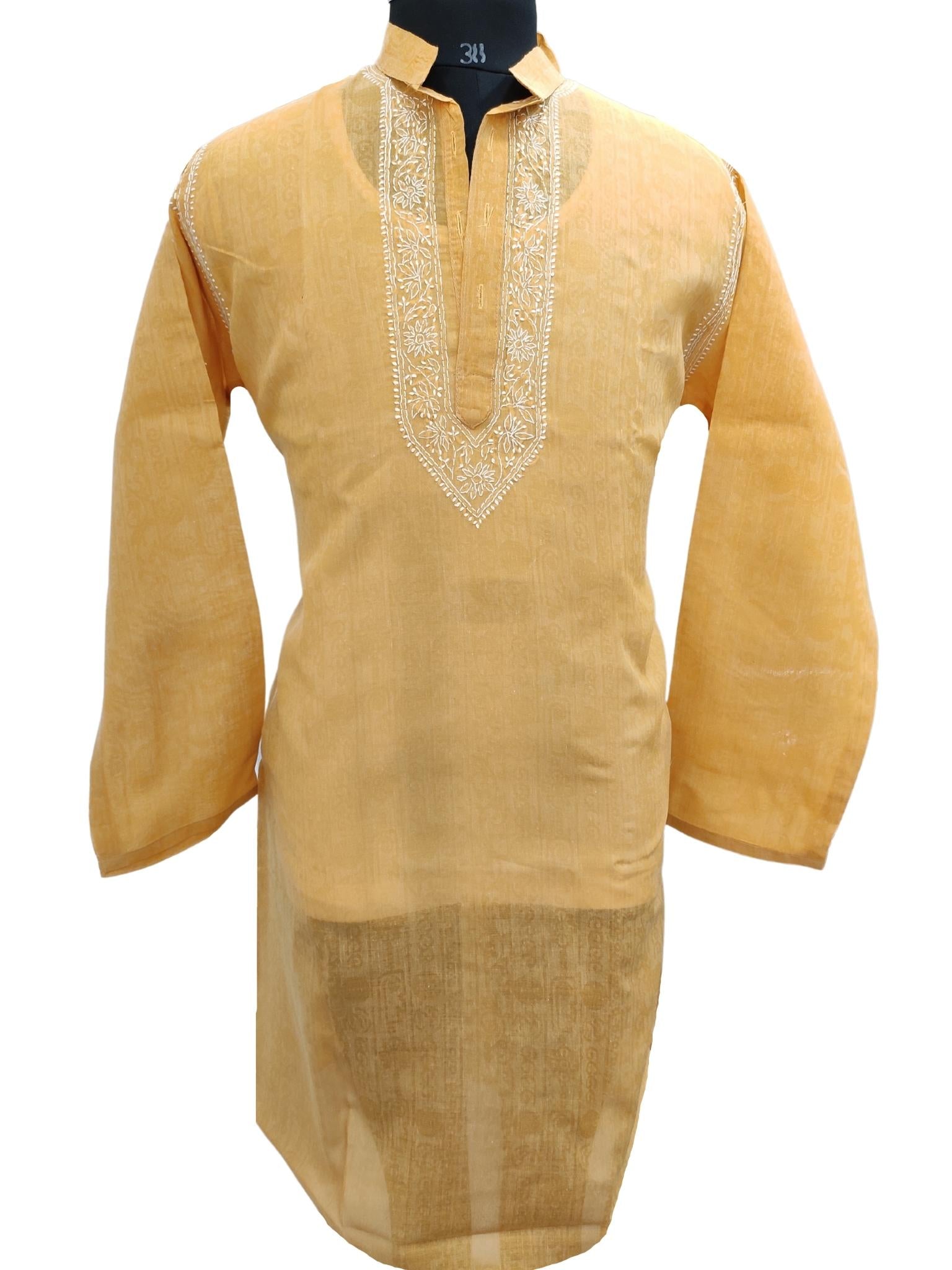 Shyamal Chikan Hand Embroidered Yellow Cotton Lucknowi Chikankari Men's Kurta – S17307