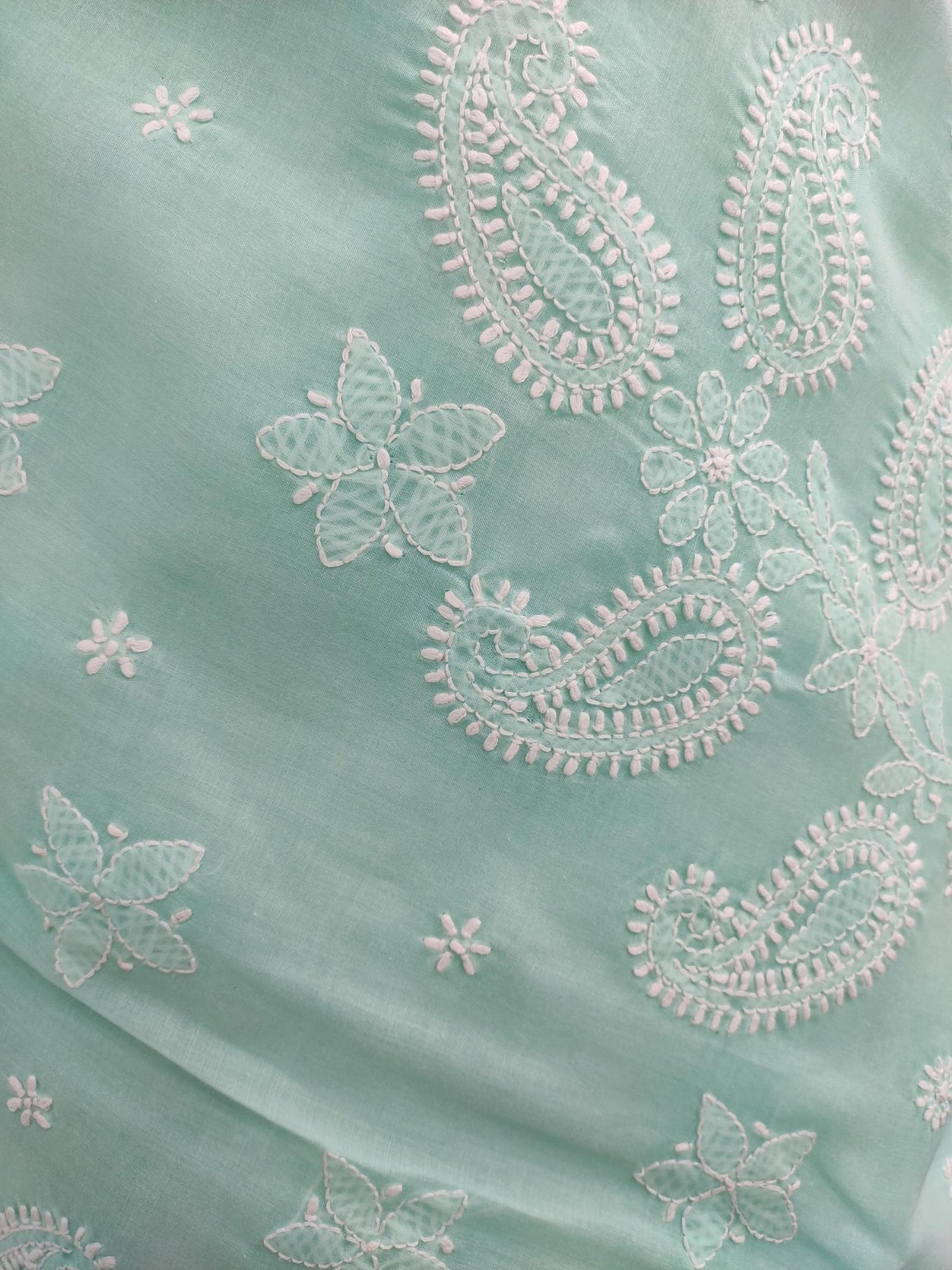 Shyamal Chikan Hand Embroidered Sea Green Cotton Lucknowi Chikankari Saree With Blouse Piece- S13921