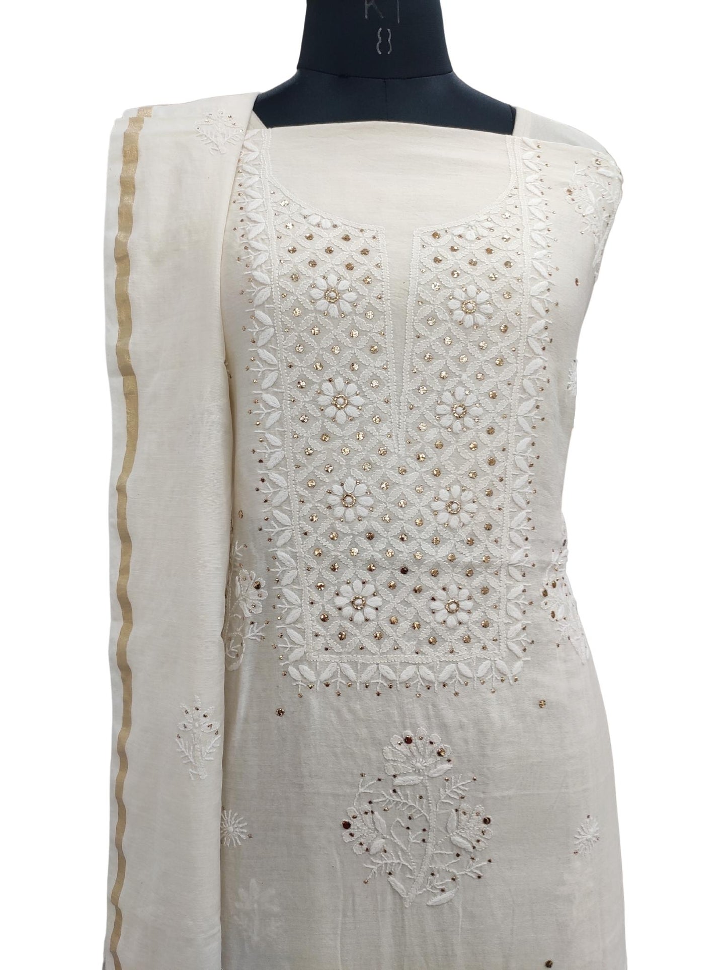 Shyamal Chikan Hand Embroidered White Chanderi Silk Lucknowi Chikankari Unstitched Suit Piece With Mukaish Work ( Kurta Dupatta Set ) - S18335