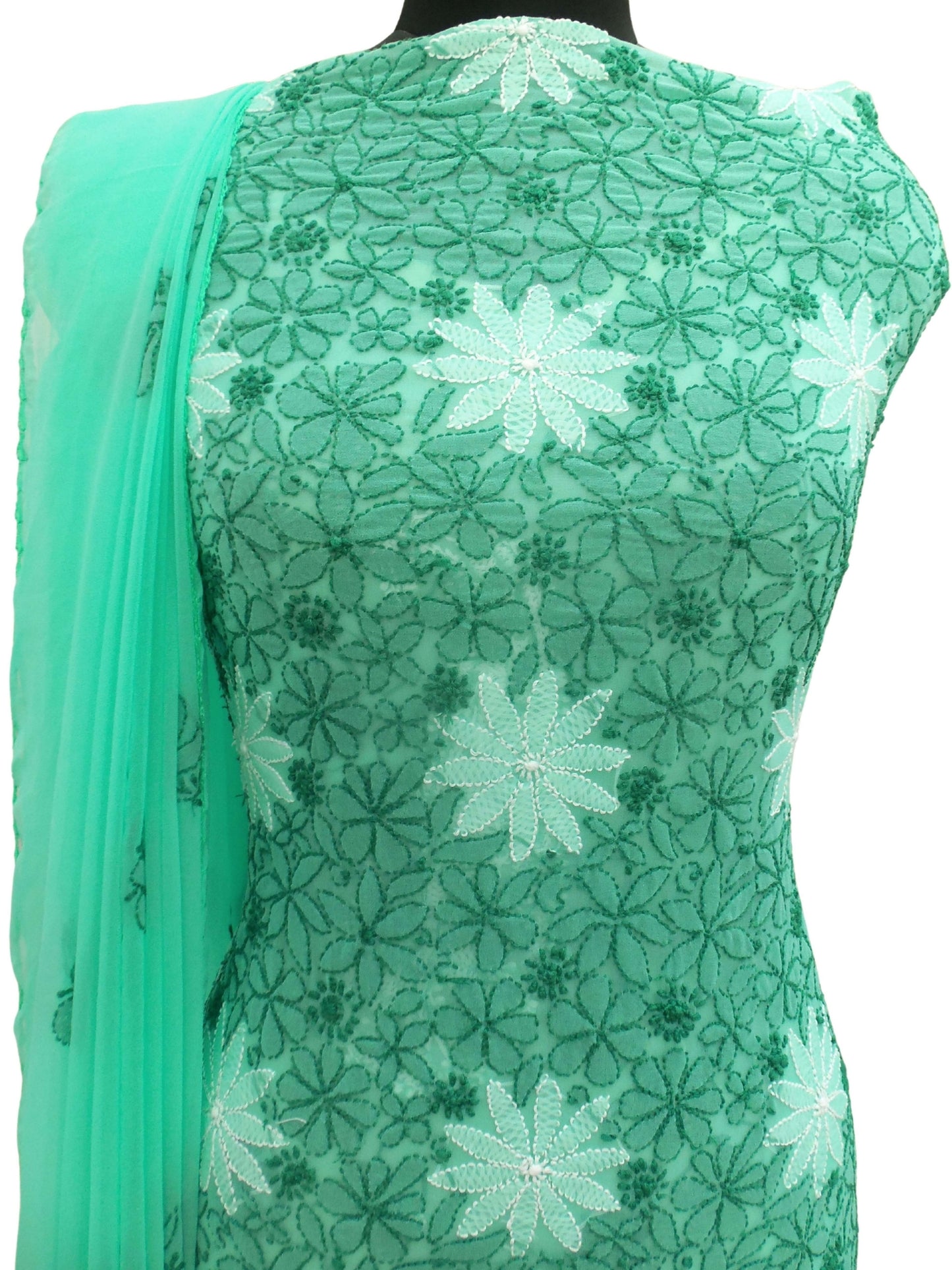 Shyamal Chikan Hand Embroidered Green Georgette Lucknowi Chikankari Unstitched Suit Piece With Crosia Work - S3713