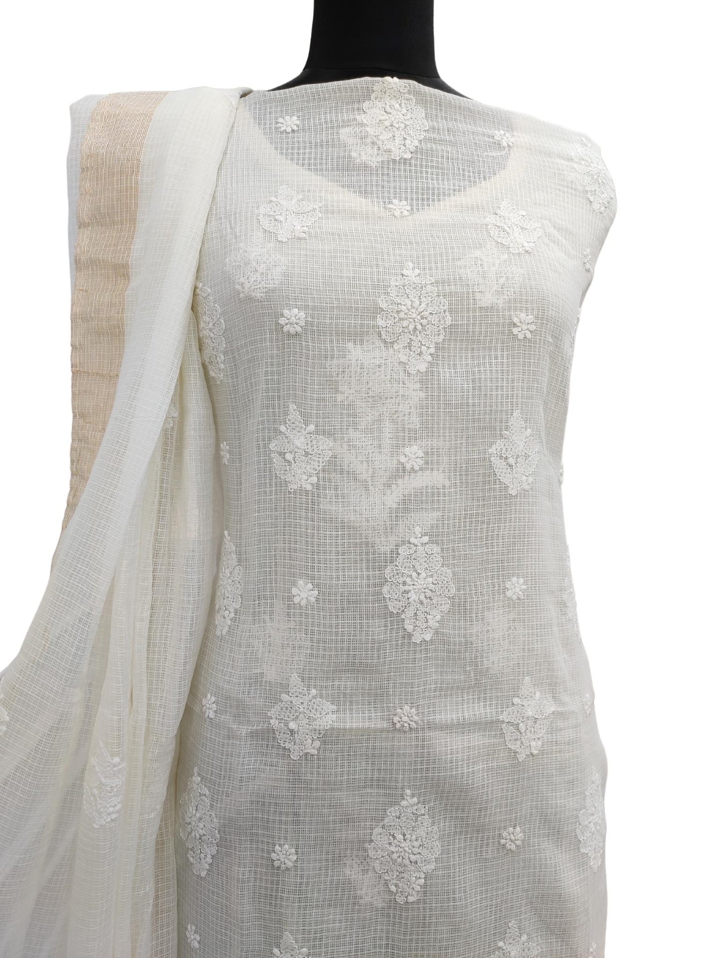 Shyamal Chikan Hand Embroidered White Kota Cotton Lucknowi Chikankari Unstitched Suit Piece  ( Kurta Dupatta Set ) - S15627