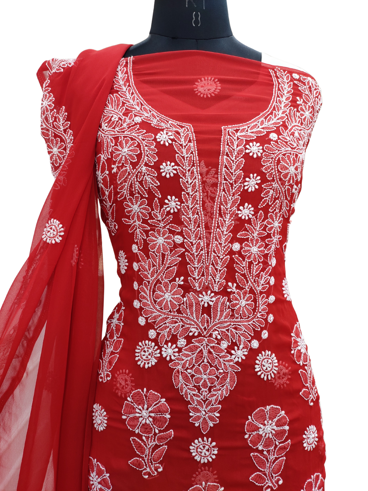 Shyamal Chikan Hand Embroidered Red High Quality Georgette Lucknowi Chikankari Unstitched Suit Piece With Four Side Border Dupatta - S18281