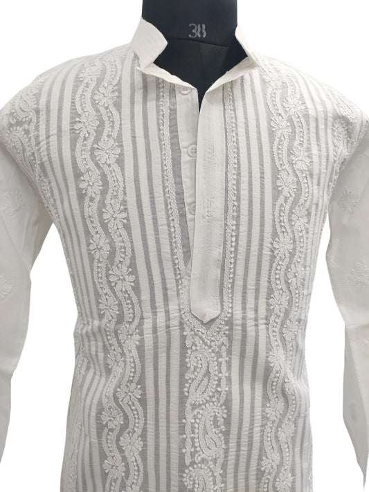 Shyamal Chikan Hand Embroidered White Cotton Lucknowi Chikankari Men's Kurta – S13108