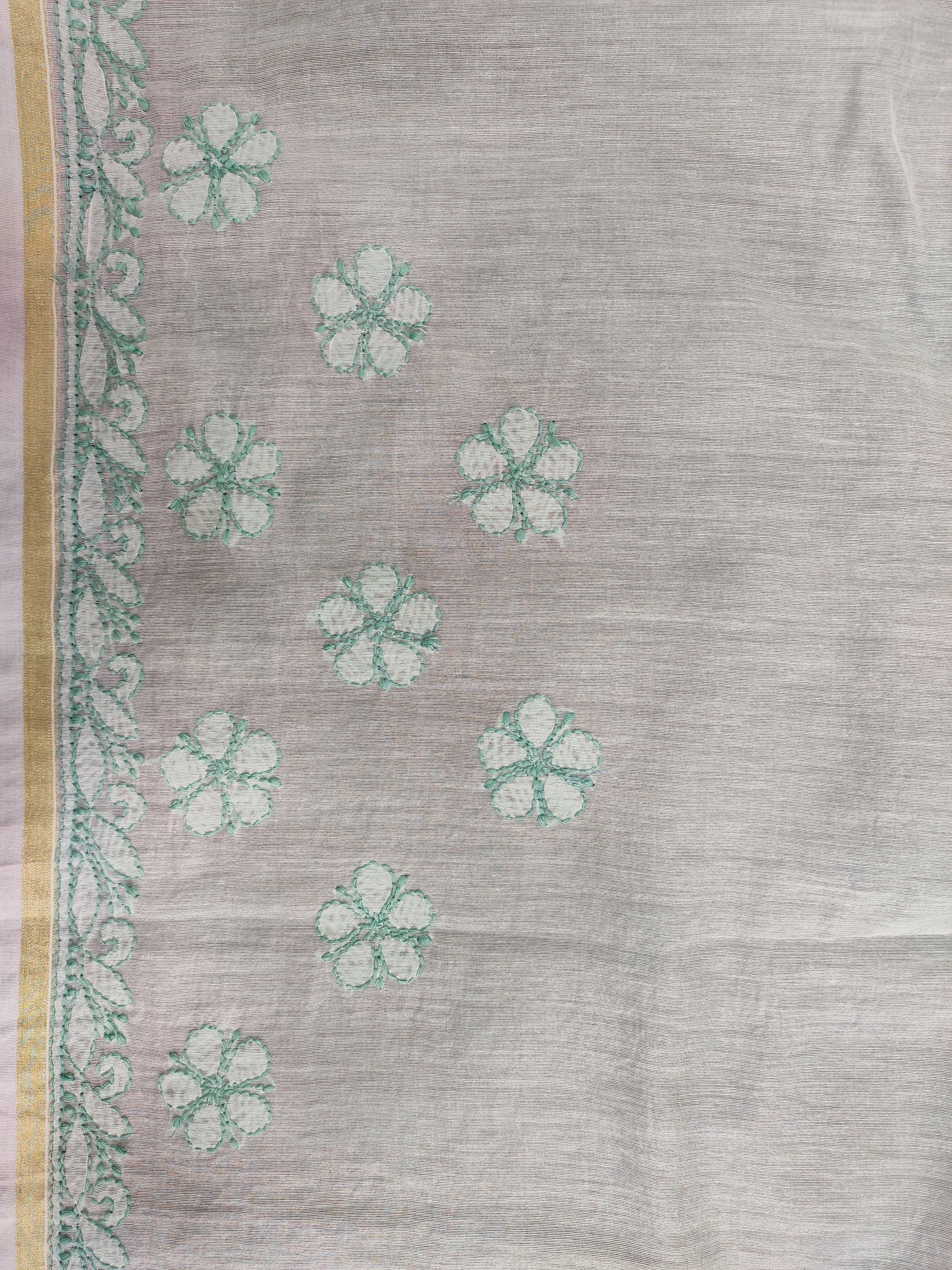 Shyamal Chikan Hand Embroidered Green Chanderi Lucknowi Chikankari Skirt Saree With Blouse Piece - S10856
