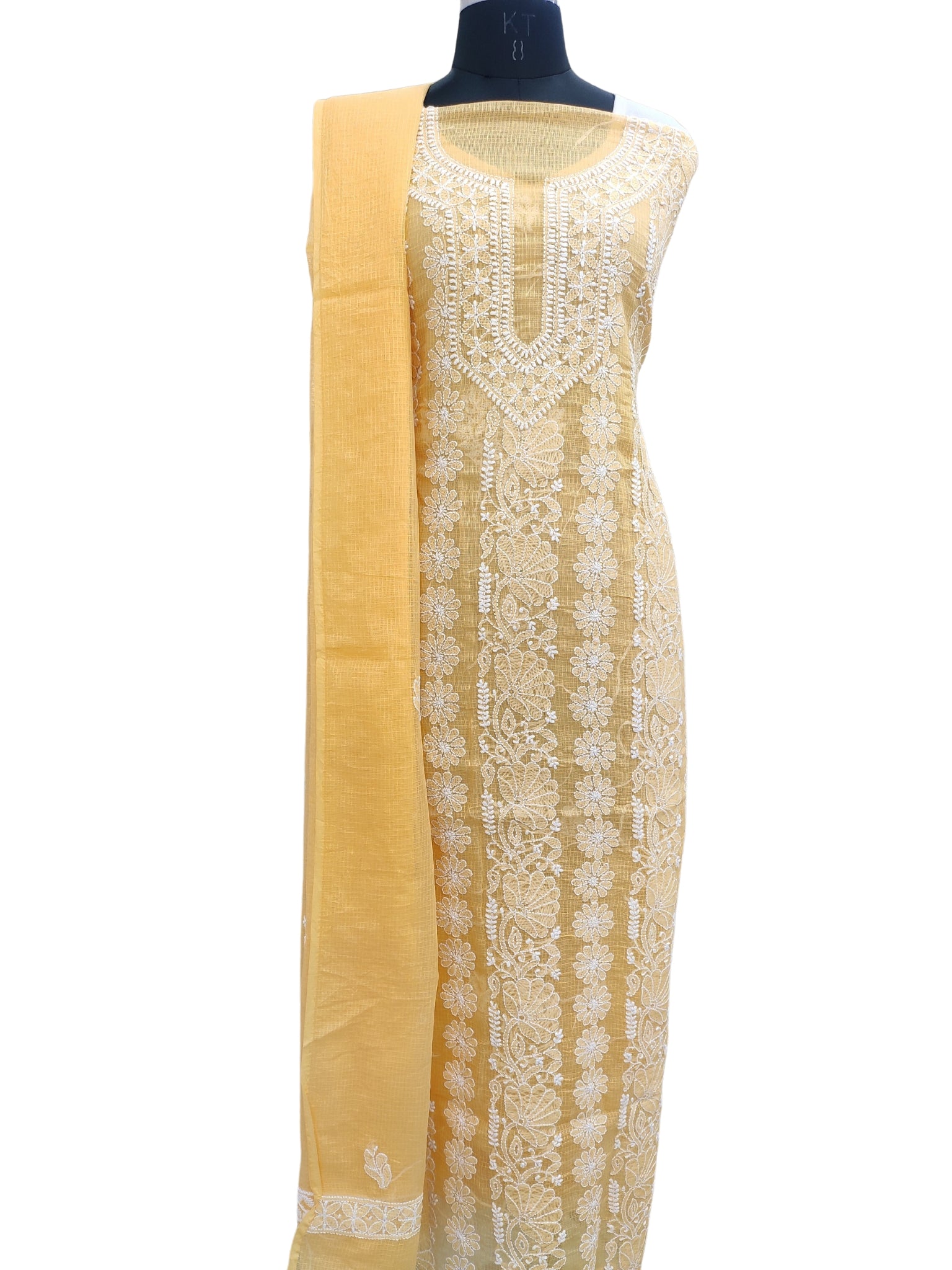 Shyamal Chikan Hand Embroidered Orange Kota Cotton Lucknowi Chikankari Unstitched Suit Piece With  ( Set of 2 ) - S18879