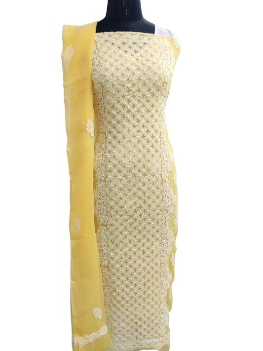 Shyamal Chikan Hand Embroidered Yellow Georgette Lucknowi Chikankari Unstitched Suit Piece- S19370