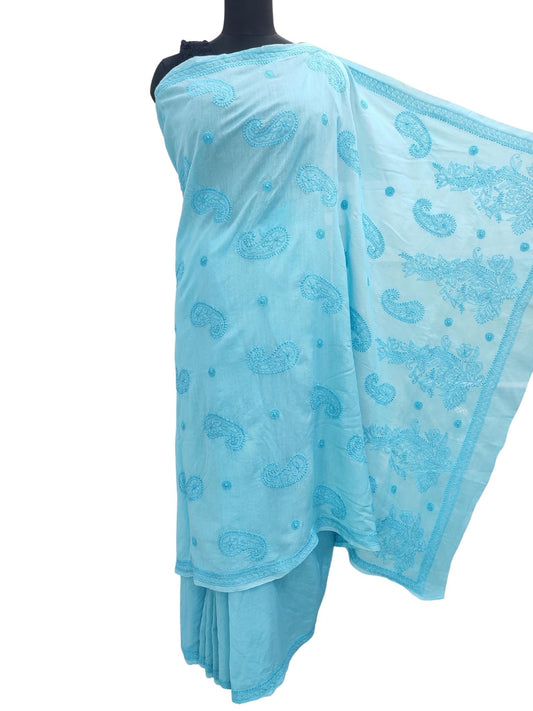 Shyamal Chikan Hand Embroidered Blue Chanderi Lucknowi Chikankari Saree With Blouse Piece - S14031