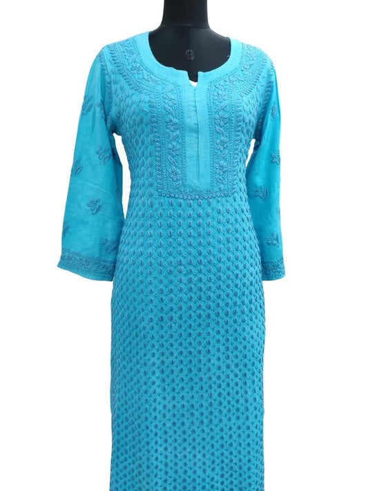 Shyamal Chikan Hand Embroidered Blue Rayon Cotton Lucknowi Chikankari Kurti- S14637