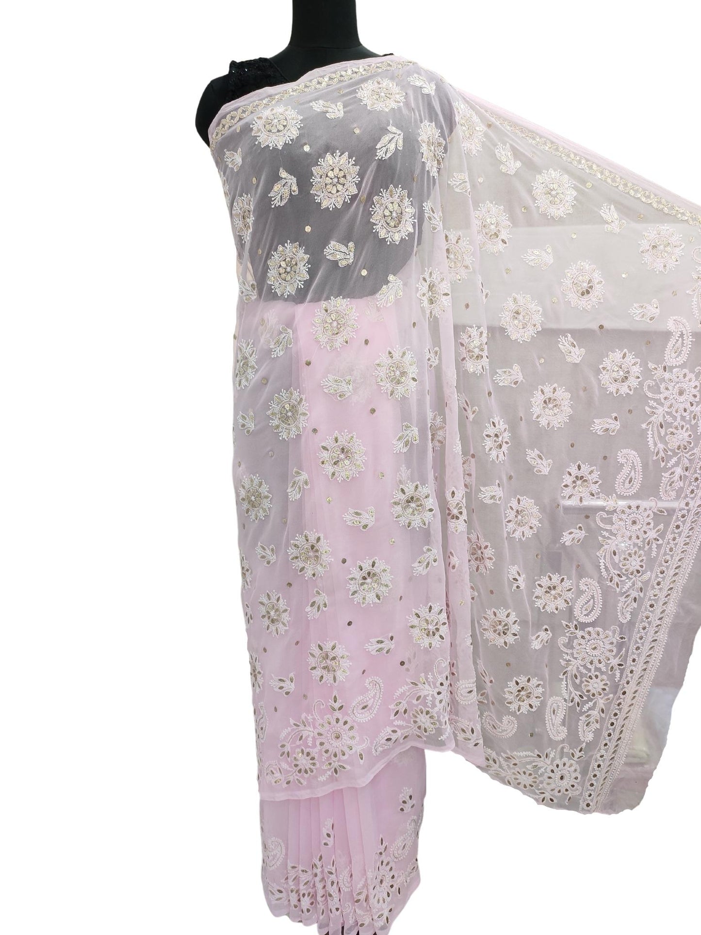 Shyamal Chikan Hand Embroidered Pink Georgette Lucknowi Chikankari Skirt Saree With Blouse Piece and Gotta Patti Work - S16716