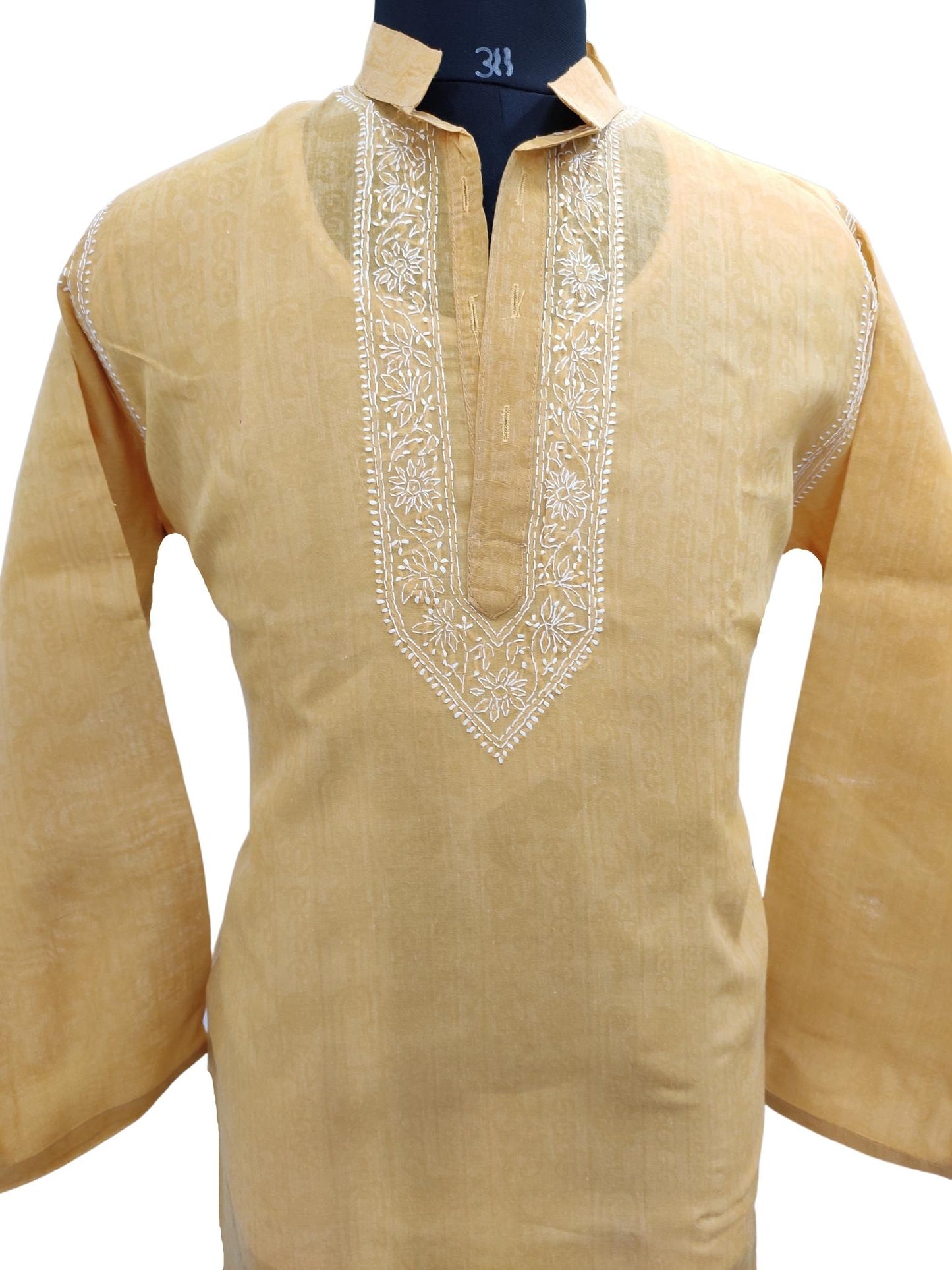 Shyamal Chikan Hand Embroidered Yellow Cotton Lucknowi Chikankari Men's Kurta – S17307