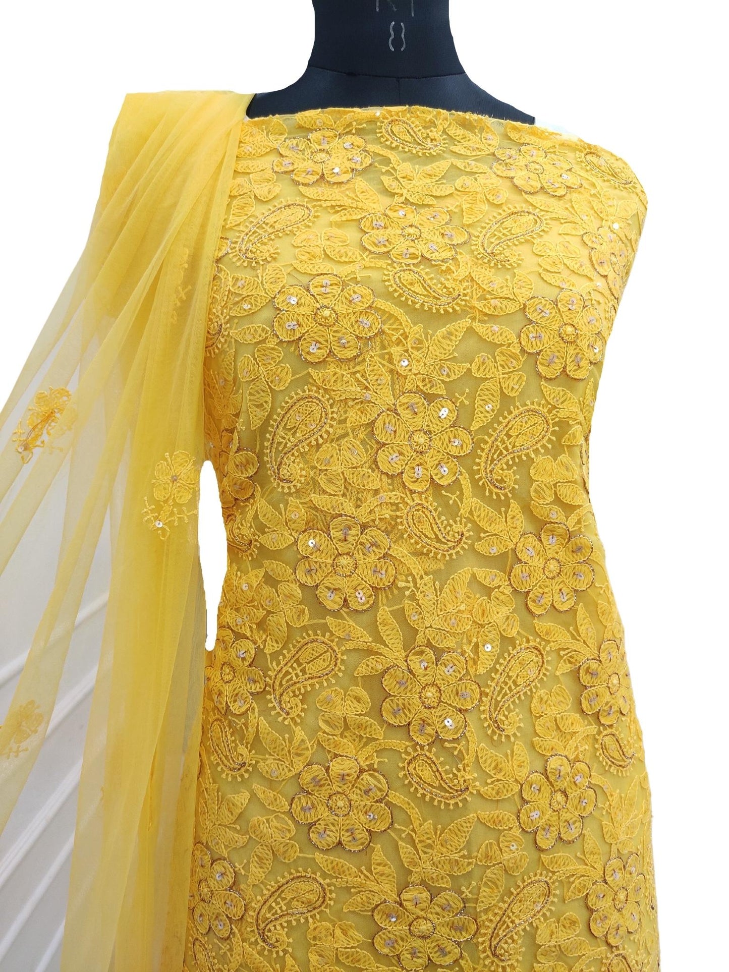 Shyamal Chikan Hand Embroidered Yellow Tissue Net Lucknowi Chikankari Unstitched Suit Piece ( Kurta Dupatta Set ) With Cut Dana Work - S16582