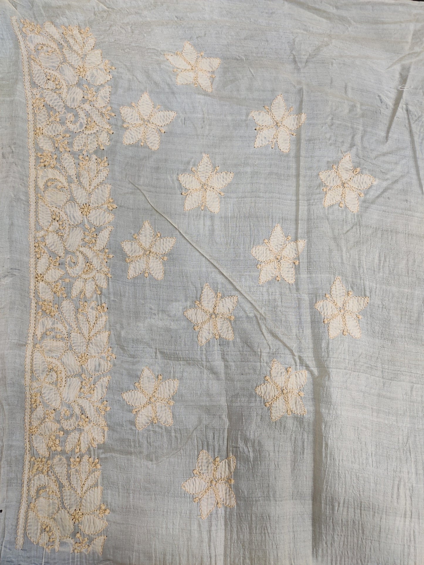 Shyamal Chikan Hand Embroidered Fawn Pure Tusser Silk Lucknowi Chikankari Saree With Blouse Piece- S7059