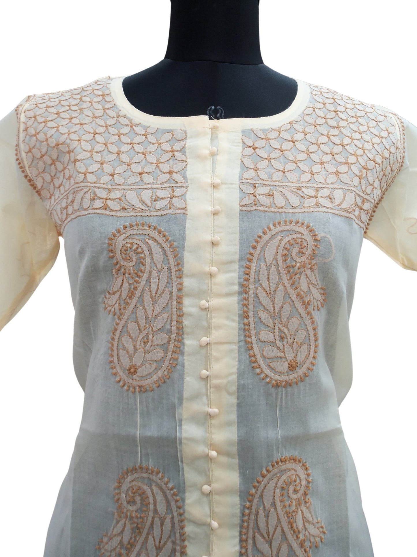 Shyamal Chikan Hand Embroidered Beige Cotton Lucknowi Chikankari Short Top- S1080