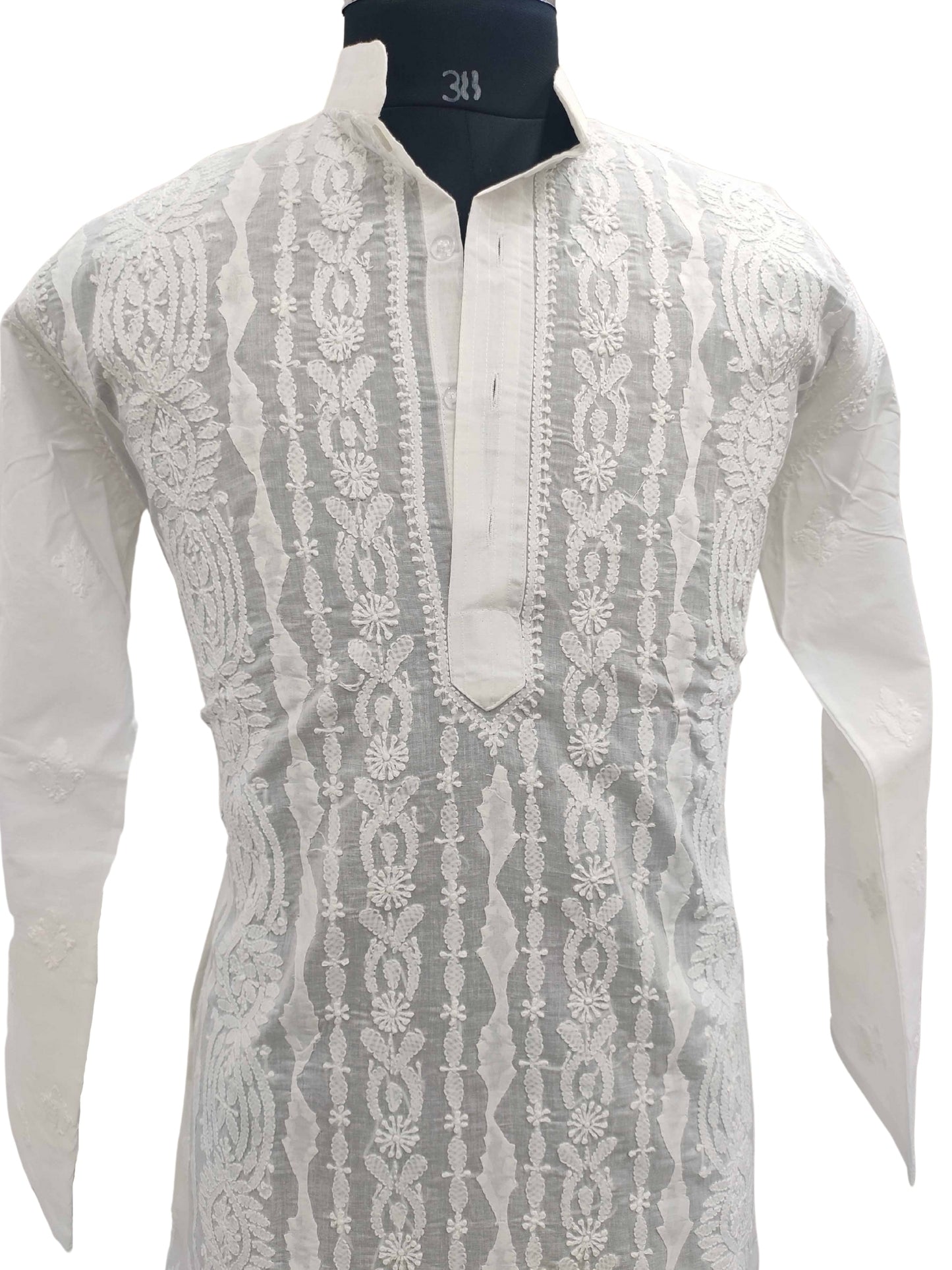 Shyamal Chikan Hand Embroidered White Cotton Lucknowi Chikankari Men's Kurta With Daraz Work – S11902