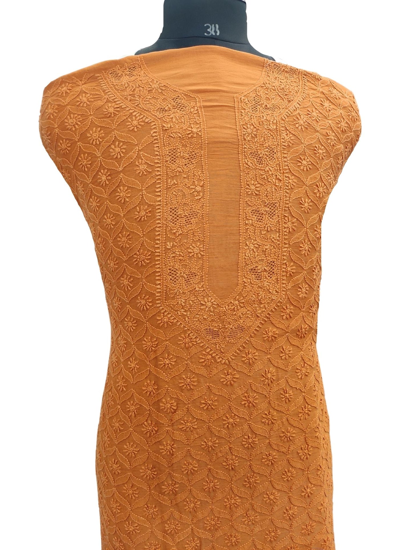 Shyamal Chikan Hand Embroidered Rustorange Pure Chanderi Silk Lucknowi Chikankari Unstitched Men's Kurta Piece – S17009