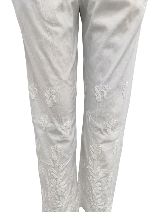 Shyamal Chikan Hand Embroidered White Lycra Cotton Lucknowi Chikankari Women's Pant – S12732