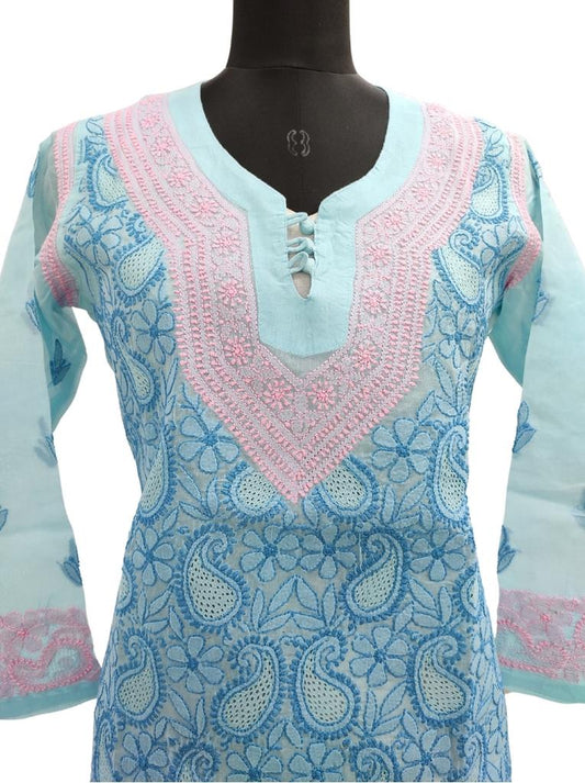 Shyamal Chikan Hand Embroidered Blue Cotton Lucknowi Chikankari Kurti With Jaali Work- S3114