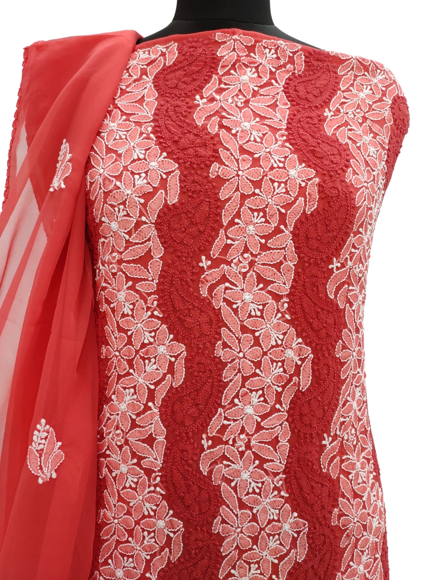 Shyamal Chikan Hand Embroidered Red Georgette Lucknowi Chikankari Unstitched Suit Piece With Crosia Work - S10741 - Shyamal Chikan
