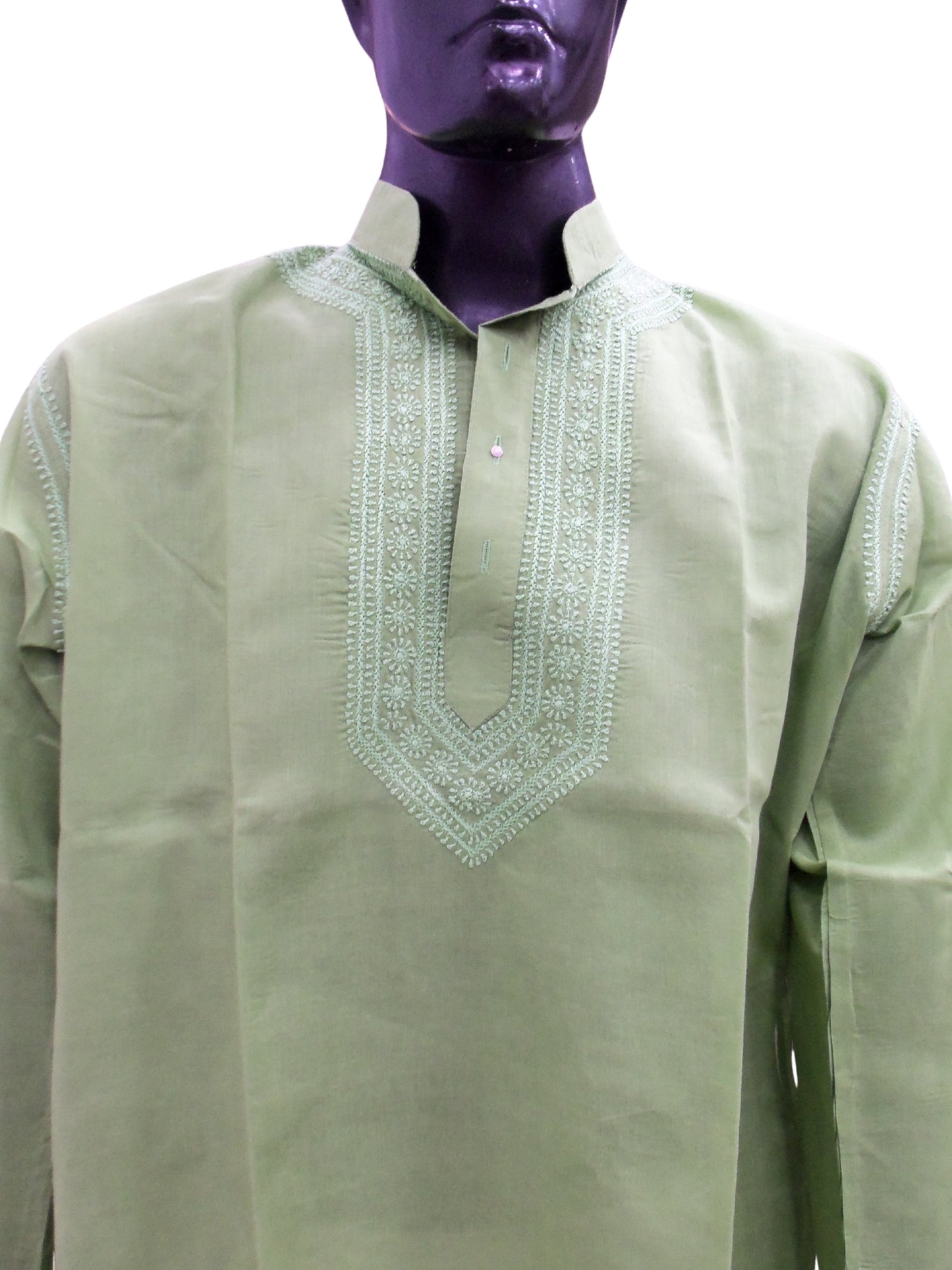 Shyamal Chikan Hand Embroidered Green Cotton Lucknowi Chikankari Men's Kurta – S1624