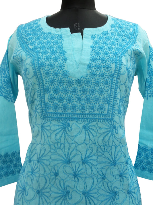 shyamal Chikan Hand Embroidered Blue Cotton Lucknowi Chikankari Kurti- S3251