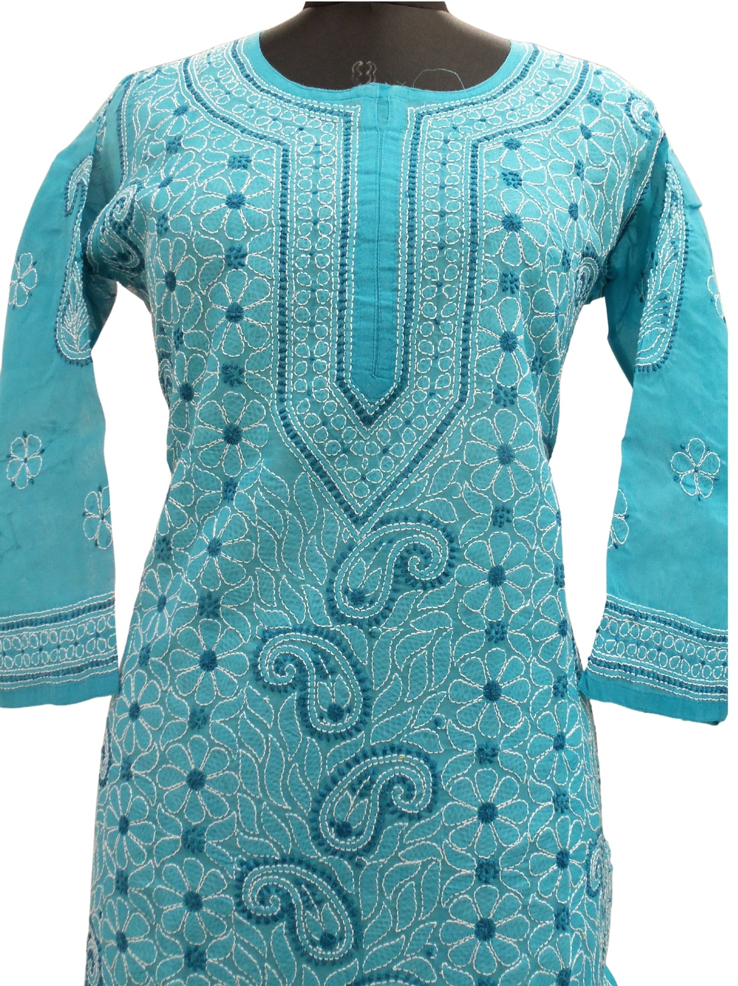 Shyamal Chikan Hand Embroidered Blue Cotton Lucknowi Chikankari Kurti- S1796
