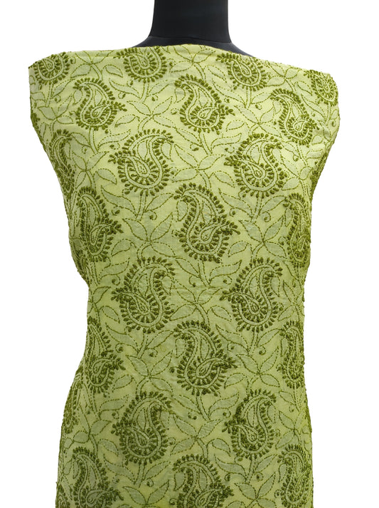 Shyamal Chikan Hand Embroidered Green Pure Tusser Silk Lucknowi Chikankari Unstitched Kurta Piece - S13199