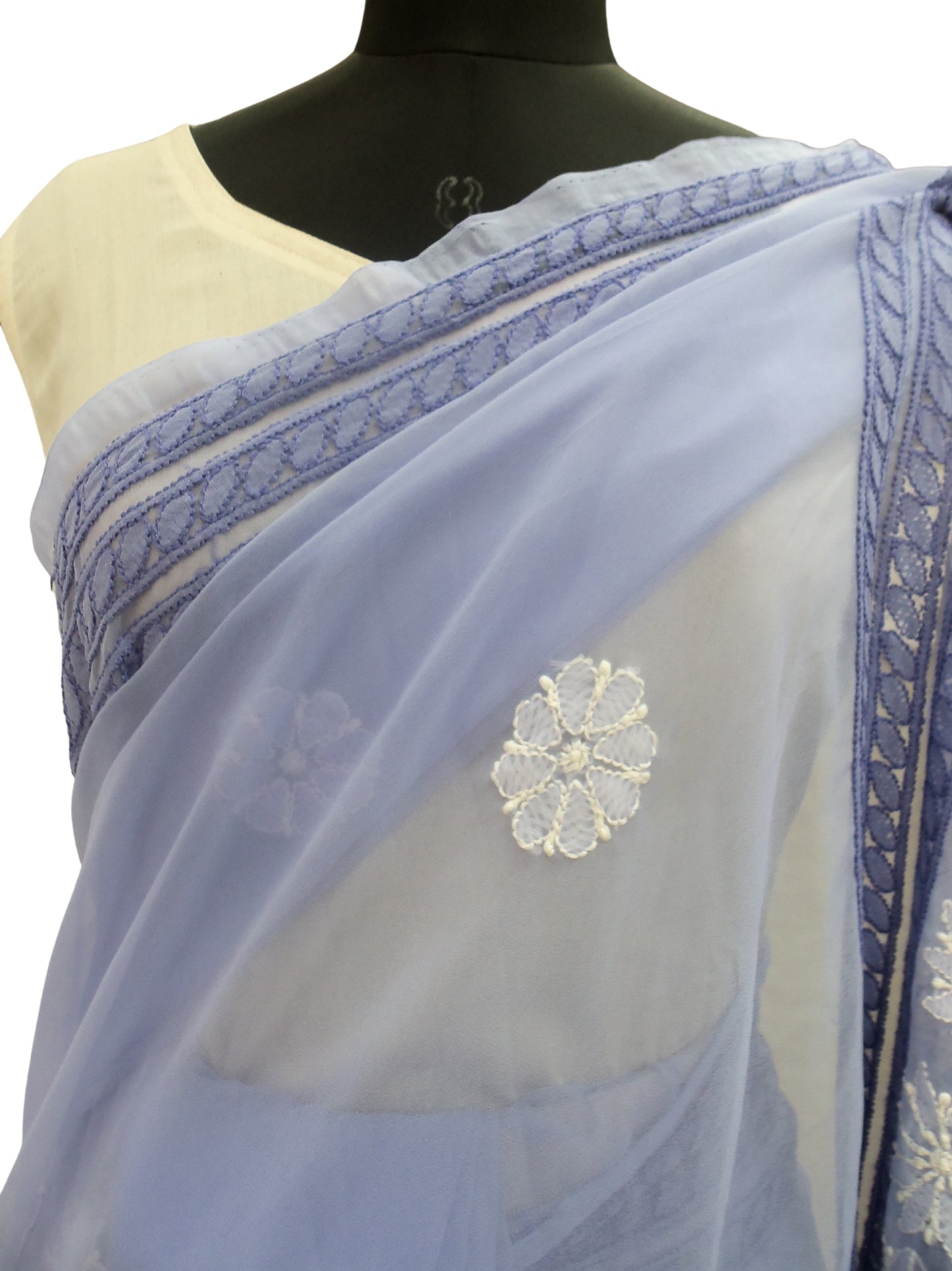 Shyamal Chikan Hand Embroidered Lilac Georgette Lucknowi Chikankari Lehnga Saree With Blouse Piece - S487