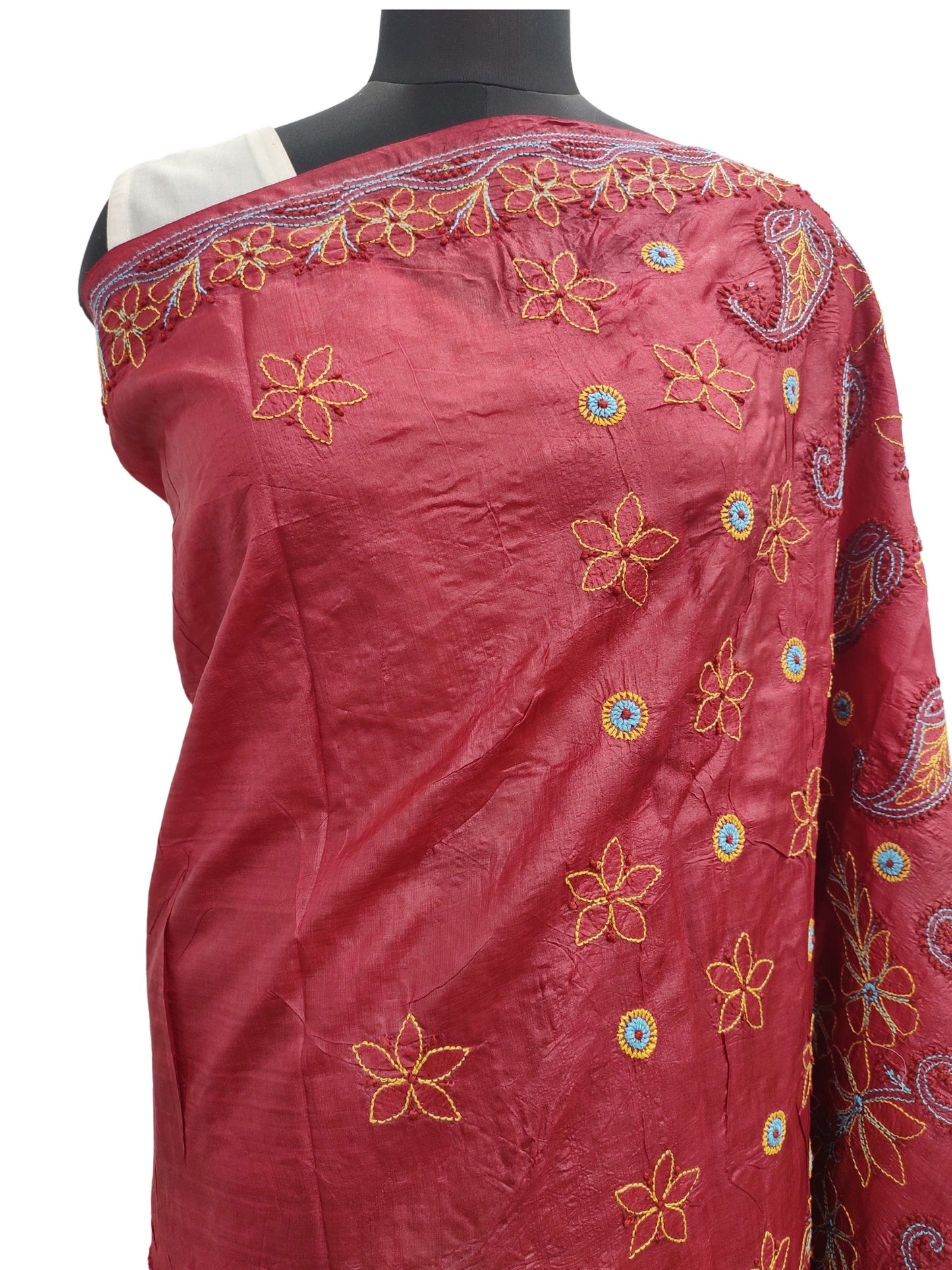 Shyamal Chikan Hand Embroidered Cherry Red Pure Tusser Silk Lucknowi Chikankari Saree With Blouse Piece- S2352