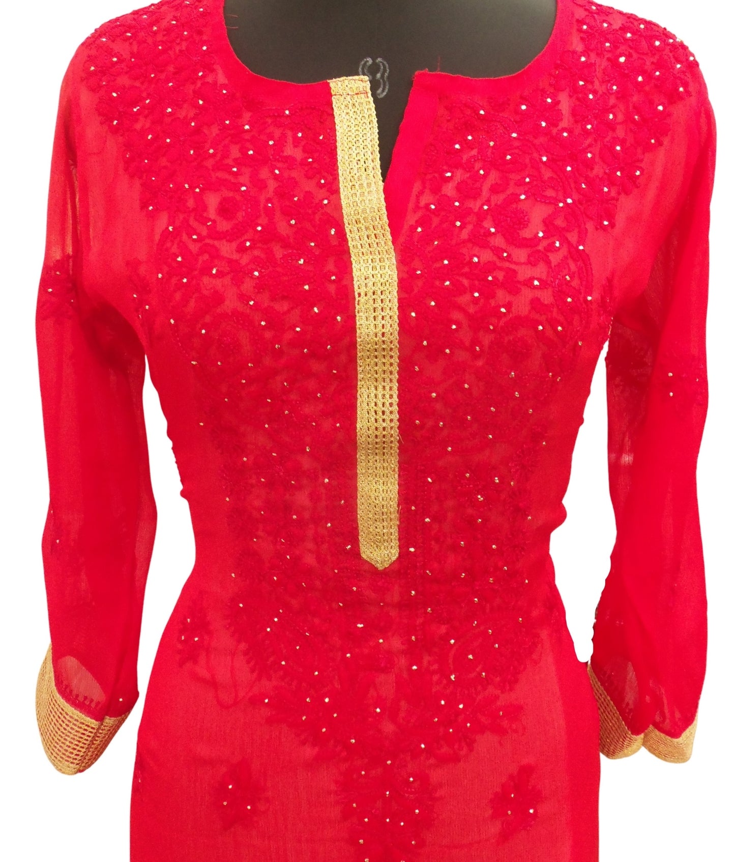 Shyamal Chikan Hand Embroidered Red Georgette Lucknowi Chikankari Kurti With Mukaish Work - S4108