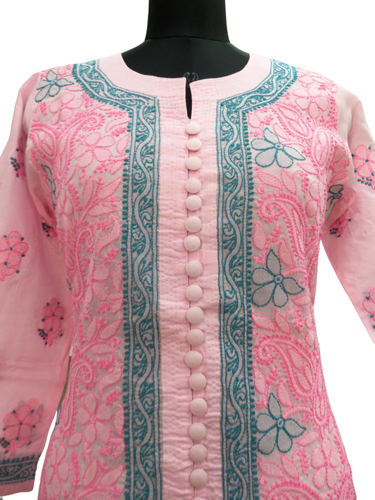 Shyamal Chikan Hand Embroidered Pink Cotton Lucknowi Chikankari Kurti- S1026