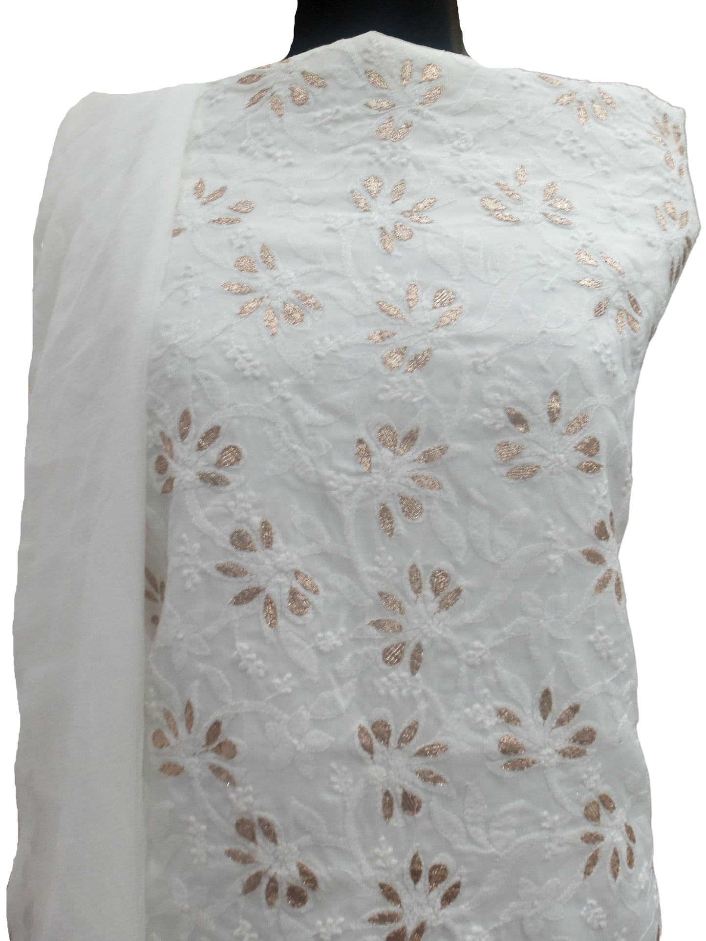 Shyamal Chikan Hand Embroidered White Cotton Lucknowi Chikankari Unstitched Suit Piece With Gotta Patti Work - S3343 - Shyamal Chikan