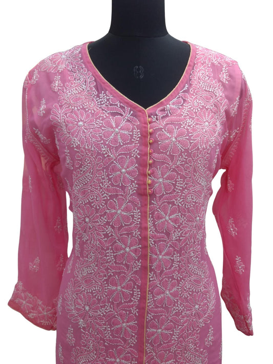 Shyamal Chikan Hand Embroidered Pink Georgette Lucknowi Chikankari Kurti - S8162