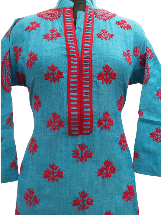 Shyamal Chikan Hand Embroidered Blue Cotton Lucknowi Chikankari Short Top- S2522