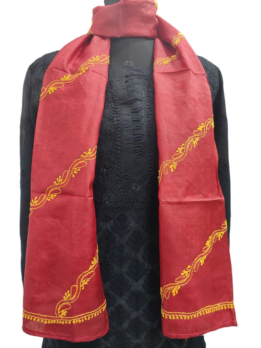 Shyamal Chikan Hand Embroidered Maroon Pure Tusser Silk Lucknowi Chikankari Stole - S1705