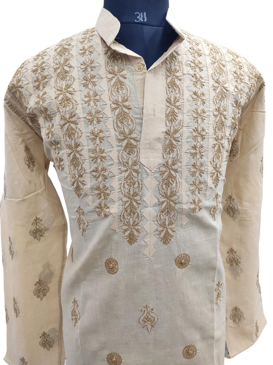 Shyamal Chikan Hand Embroidered Beige Cotton Lucknowi Chikankari Men's Kurta With Daraz Work – S11790