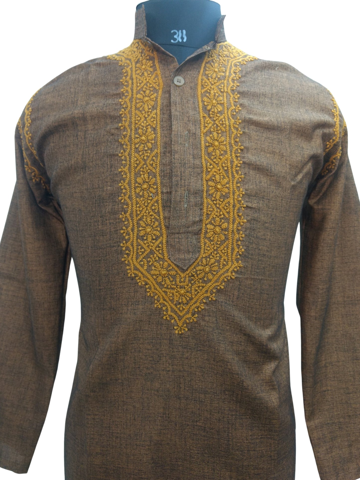 Shyamal Chikan Hand Embroidered Brown Cotton Lucknowi Chikankari Men's Kurta – S6783