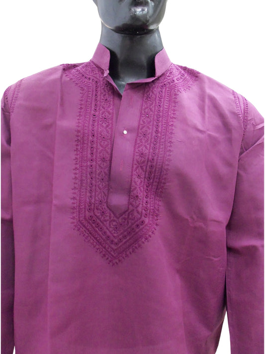 Shyamal Chikan Hand Embroidered Purple Cotton Lucknowi Chikankari Men's Kurta – S1623