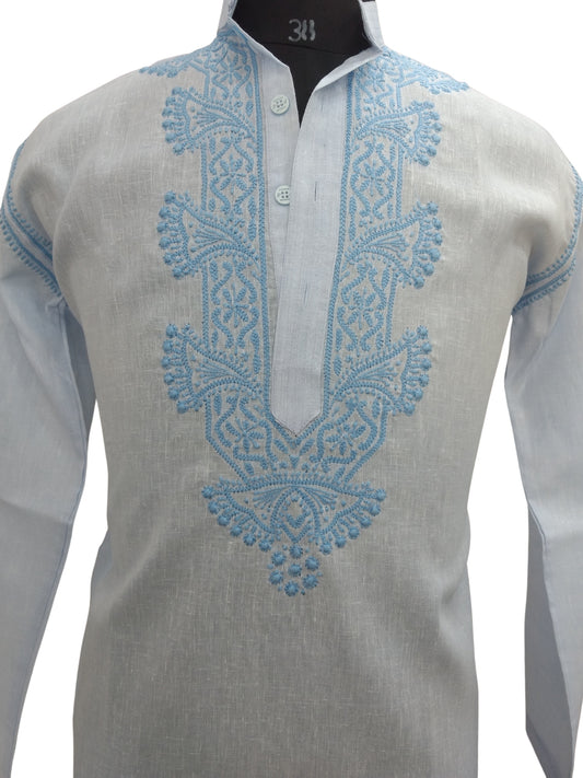Shyamal Chikan Hand Embroidered Blue Cotton Lucknowi Chikankari Men's Kurta – S6839