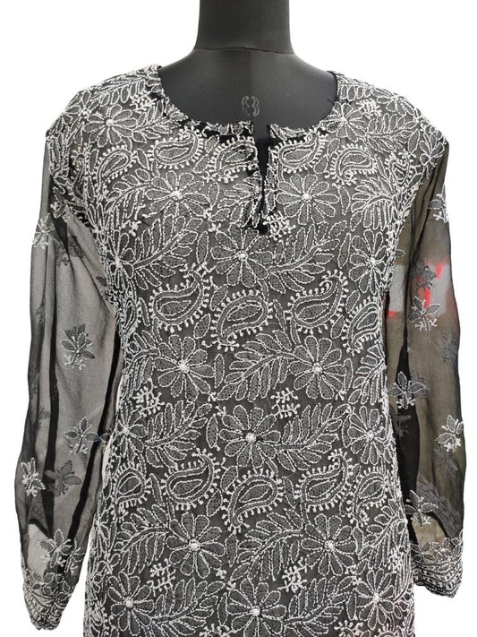 Shyamal Chikan Hand Embroidered Black Georgette Lucknowi Chikankari Kurti- S5741