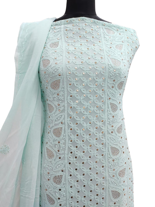 Shyamal Chikan Hand Embroidered Sea Green Viscose Georgette Lucknowi Chikankari Unstitched Suit Piece With Mukaish Work  ( Kurta Dupatta Set) -S16629