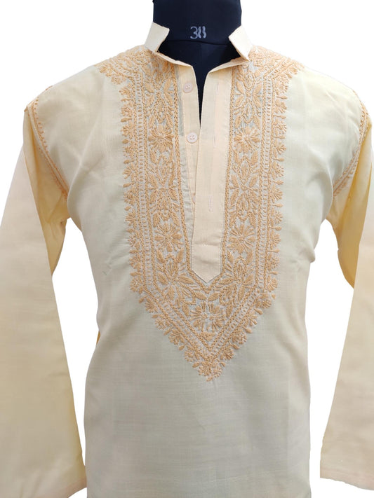 Shyamal Chikan Hand Embroidered Yellow Cotton Lucknowi Chikankari Men's Kurta – S18569